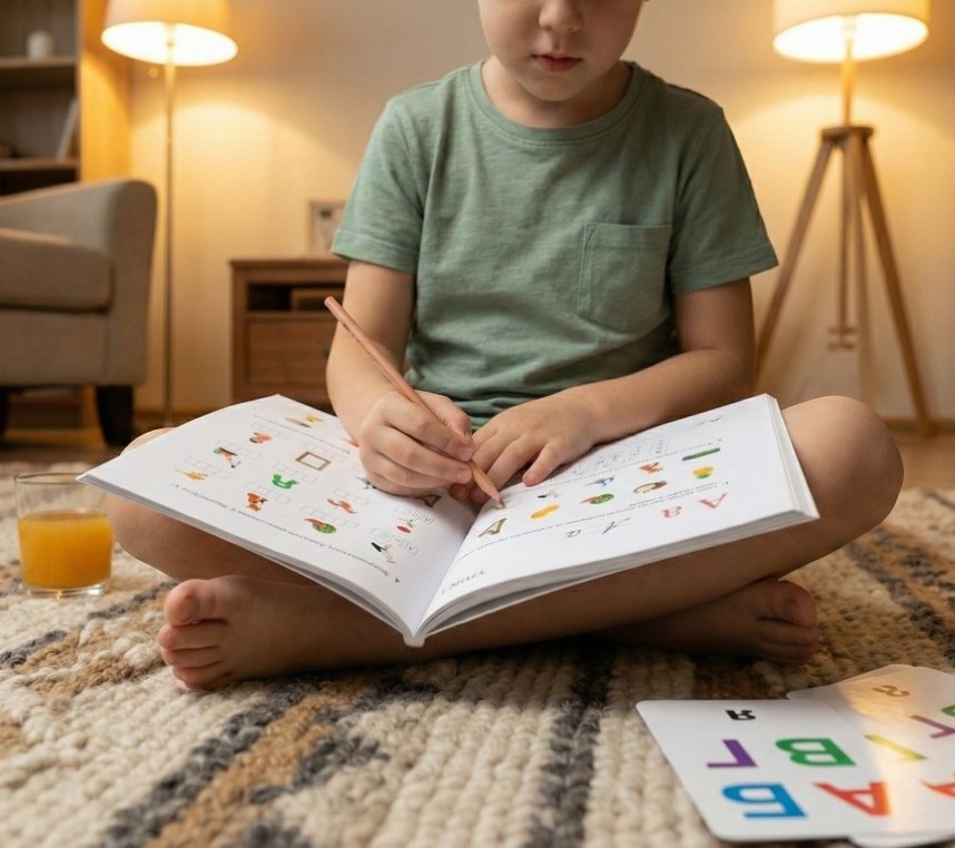 Pojke jobbar med boken